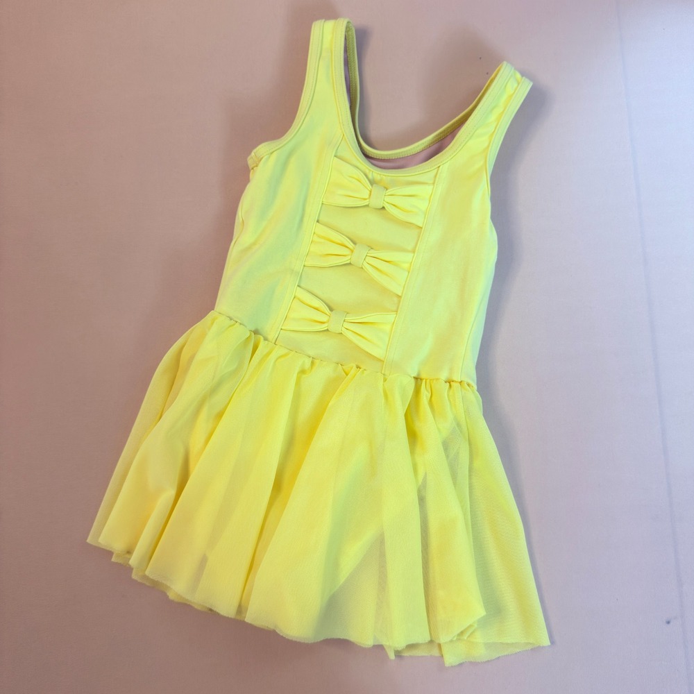Weissman Girls Yellow Triple Bow Dance Leotard Mesh Tutu Skirt IC RN 64830
